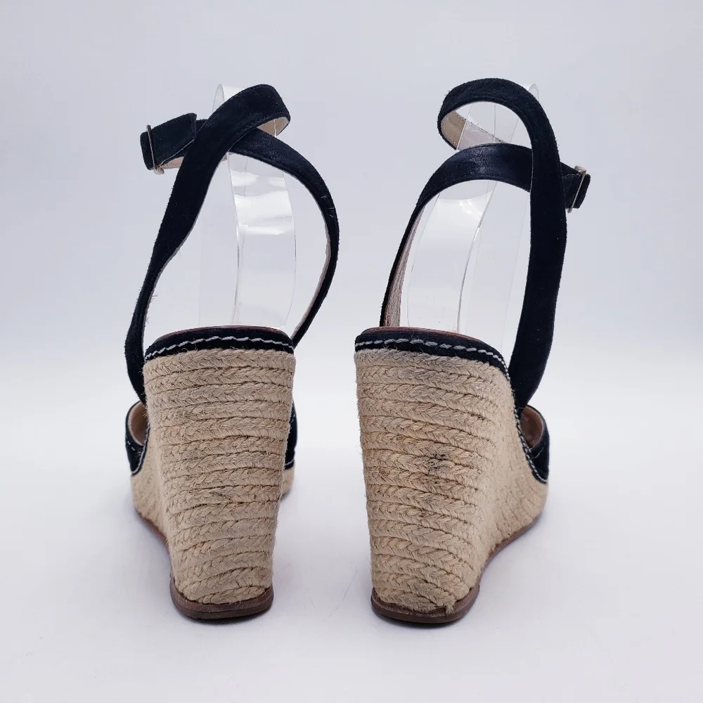 Kate Spade Brit Wedge Espadrille Sandal Black Suede Cream Rosette Twill Size 9.5
